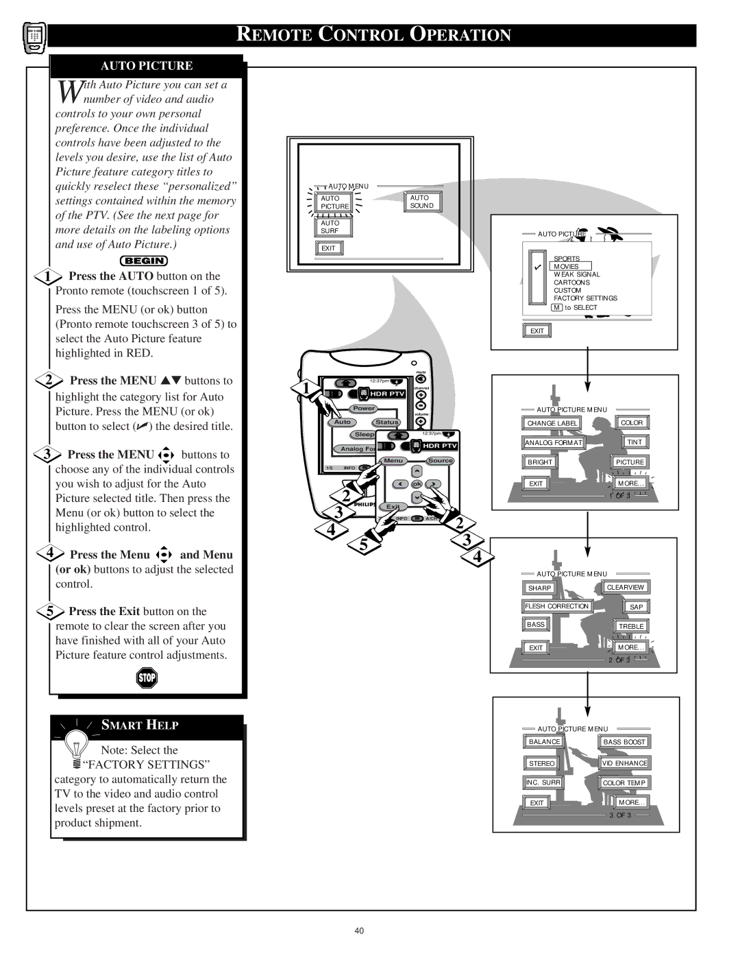 Philips 64PP9751 manual Remote Control Operation, Auto Picture, Press the Auto button on, Press the Exit button on 