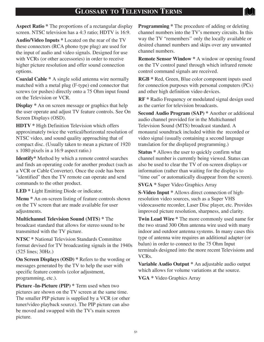 Philips 64PP9751 manual Glossary to Television Terms, Multichannel Television Sound MTS 