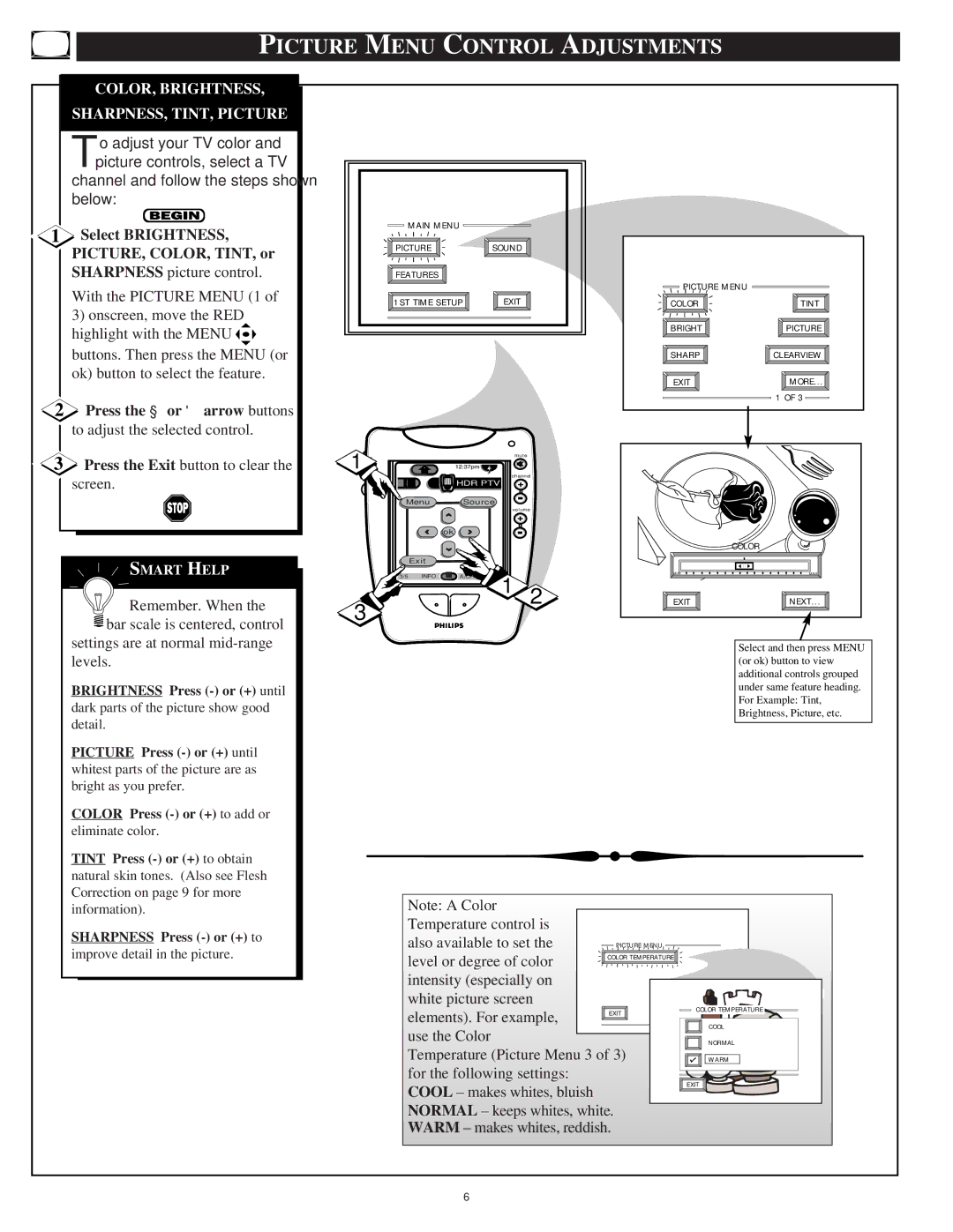 Philips 64PP9751 manual Picture Menu Control Adjustments, COLOR, Brightness, SHARPNESS, TINT, Picture 