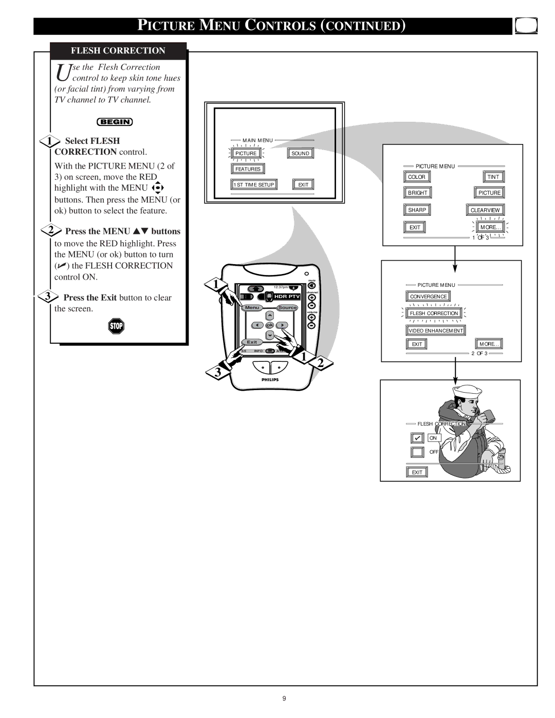 Philips 64PP9751 manual Flesh Correction, Select Flesh, Correction control, Press the Menu buttons 