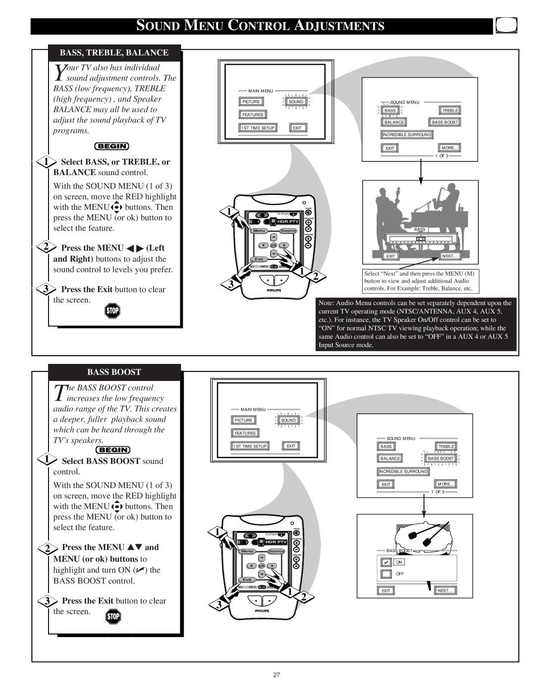 Philips 64PP975164PP9751 Sound Menu Control Adjustments, BASS, TREBLE, Balance, Select BASS, or TREBLE, or, Bass Boost 