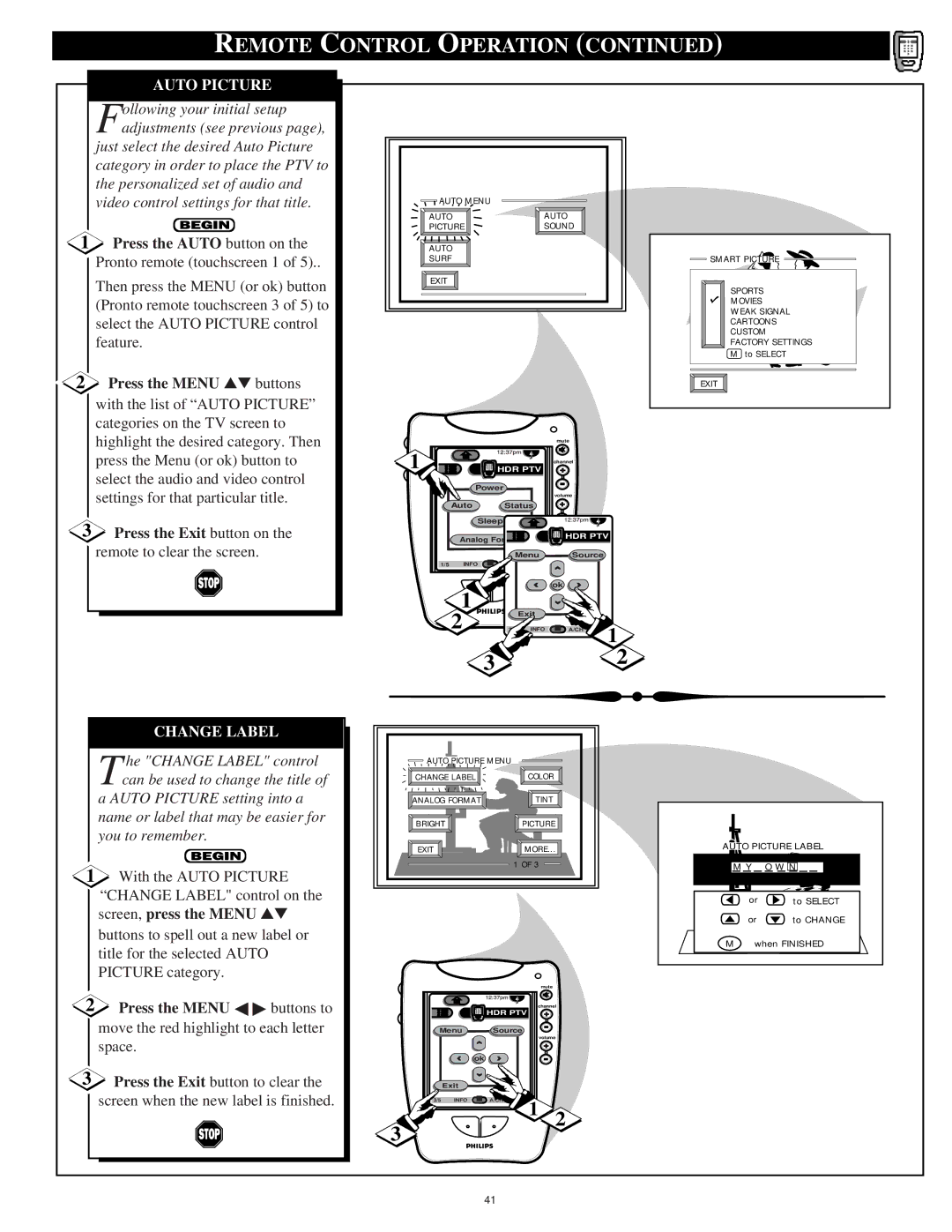 Philips 64PP975164PP9751 manual Press the Menu buttons, Change Label, Screen, press the Menu 