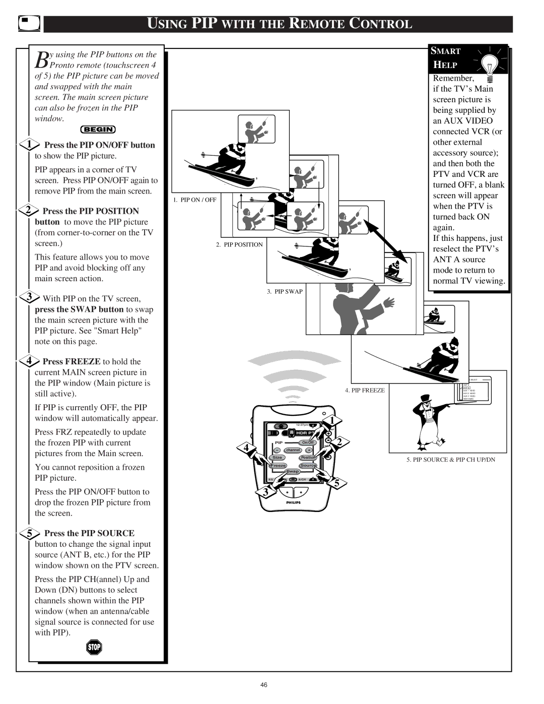 Philips 64PP975164PP9751 manual Using PIP with the Remote Control, Press the PIP ON/OFF button to show the PIP picture 