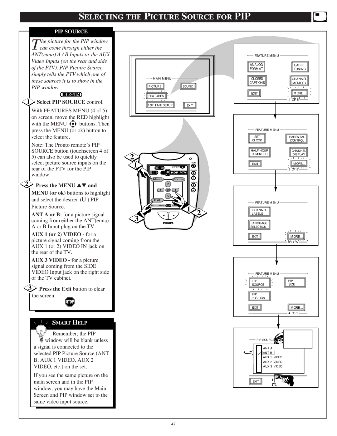 Philips 64PP975164PP9751 manual Selecting the Picture Source for PIP, Select PIP Source control, AUX 1 or 2 Video for a 