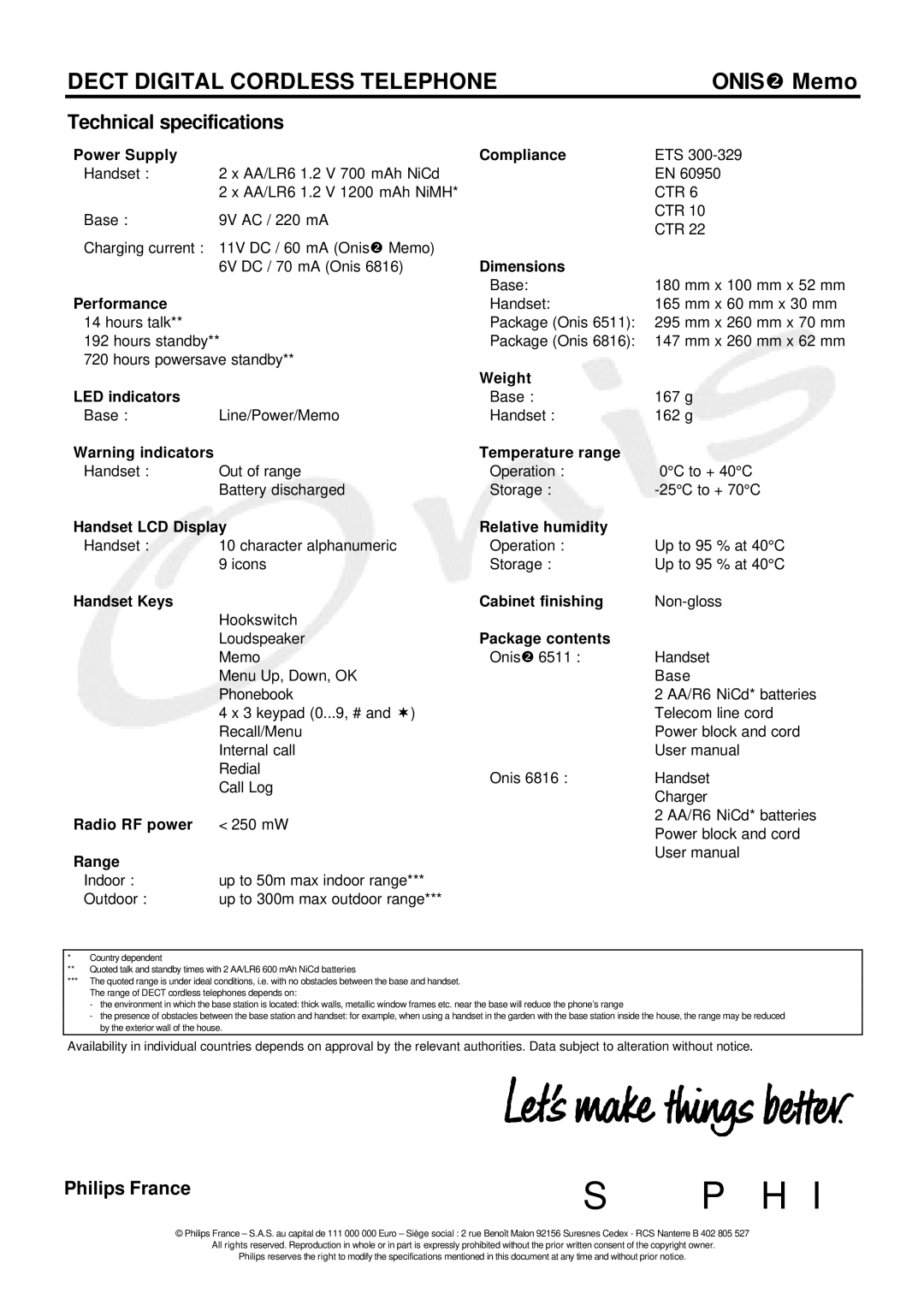 Philips 6510 Power Supply Compliance, Dimensions, Performance, Weight LED indicators, Temperature range, Package contents 