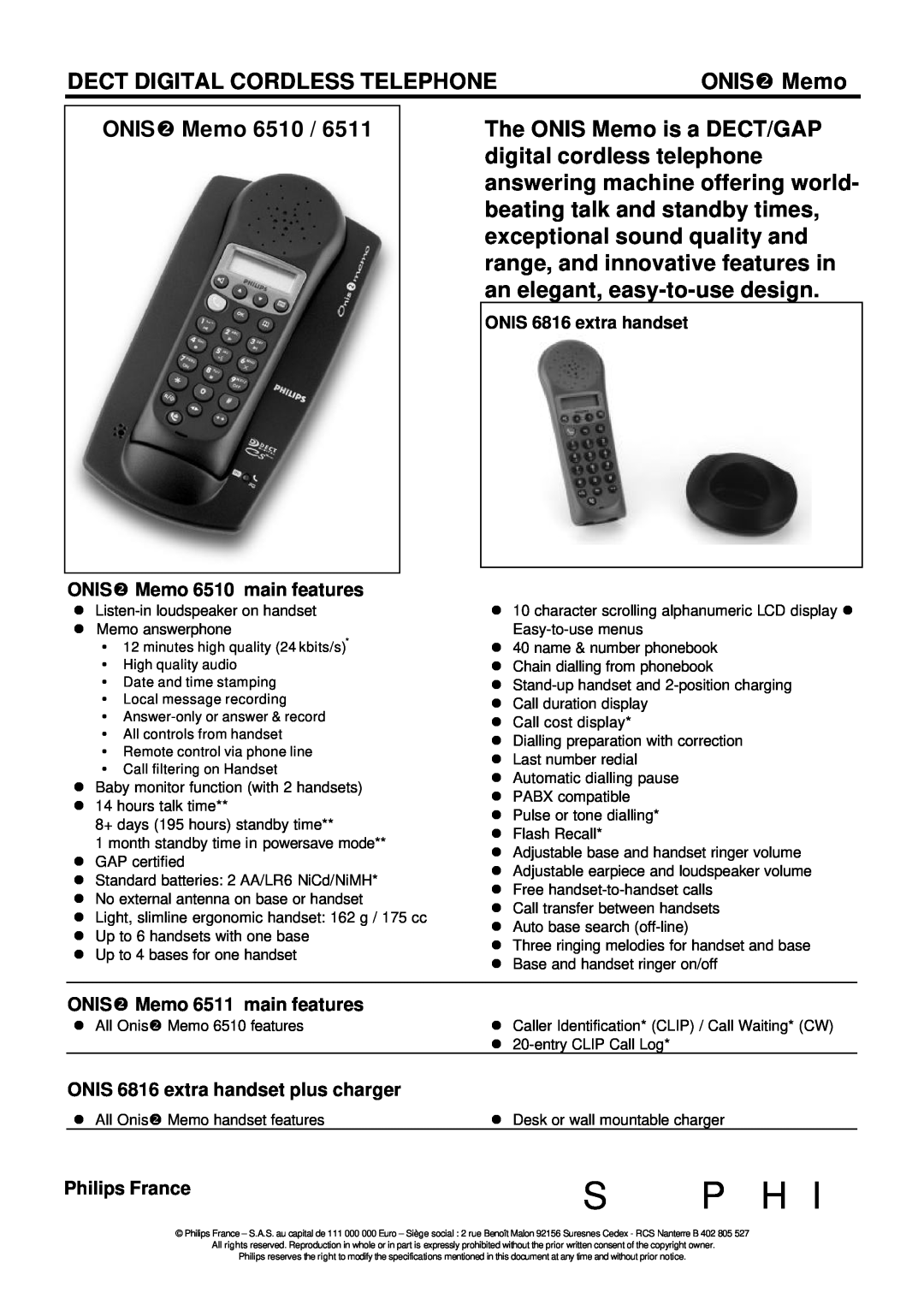 Philips 6511 specifications S Phi, Dect Digital Cordless Telephone, ONIS Memo 6510 main features, Philips France 