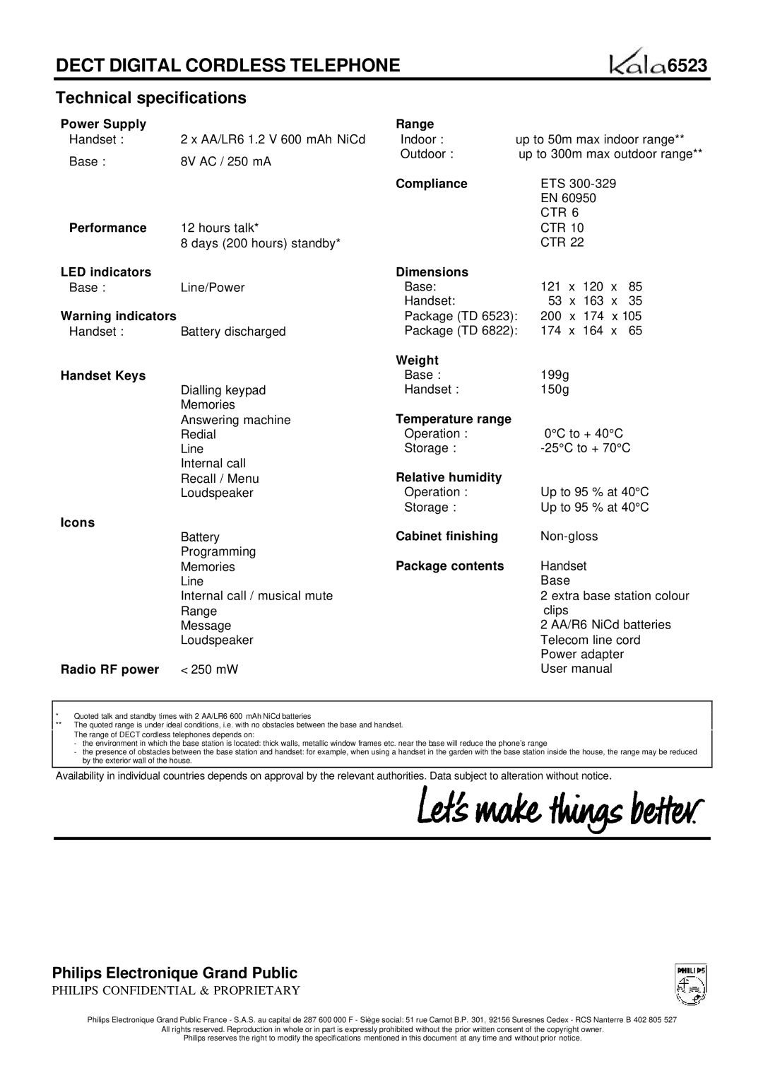 Philips 6523 Dect Digital Cordless Telephone, Technical specifications 