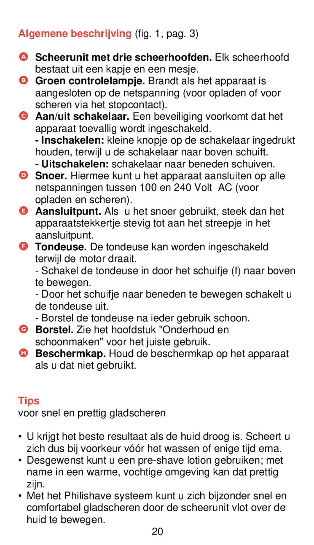 Philips 655 manual Algemene beschrijving , pag, Tips 