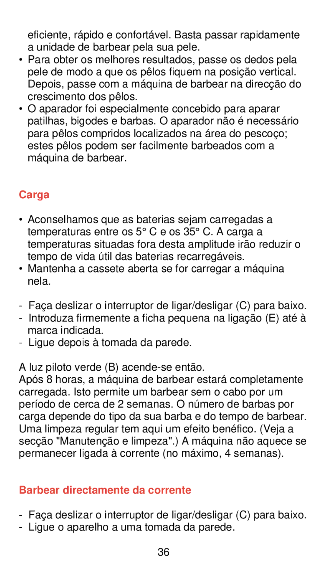 Philips 655 manual Carga, Barbear directamente da corrente 