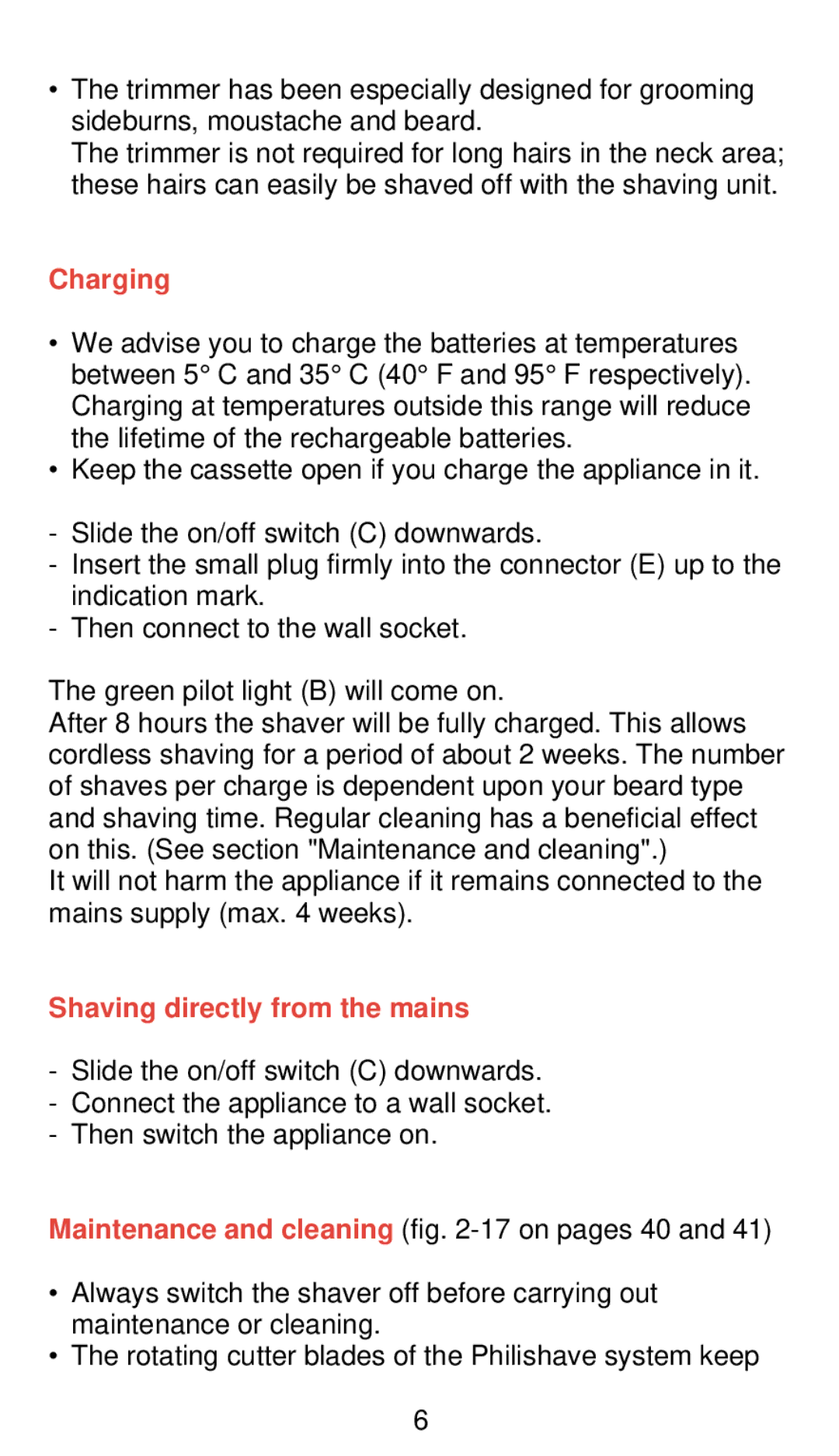 Philips 655 manual Charging, Shaving directly from the mains 