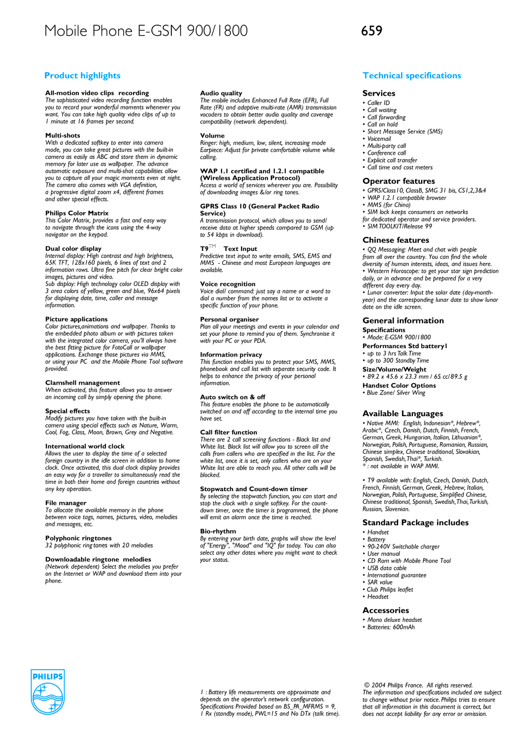 Philips 659 manual Services, Operator features, Chinese features, General information, Available Languages, Accessories 