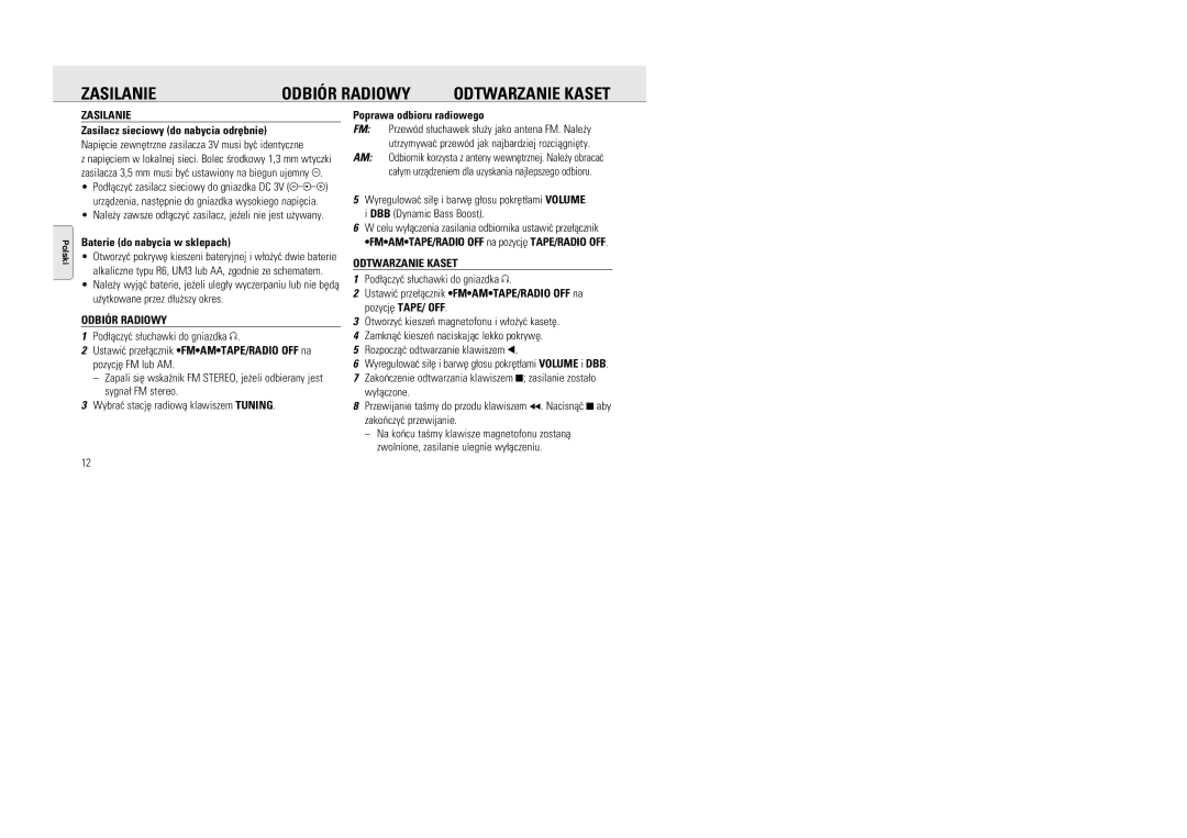 Philips 6591 manual Zasilanie Odbiór Radiowy, Odtwarzanie Kaset 