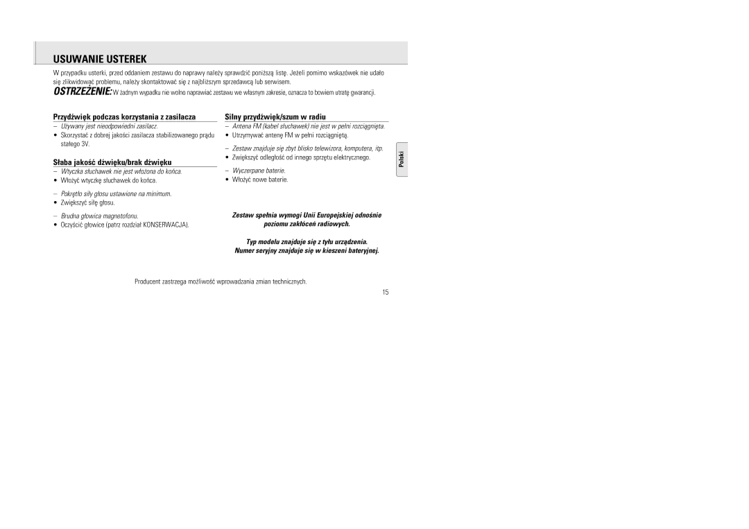 Philips 6591 manual Usuwanie Usterek, ¬o¿yæ wtyczkê s¬uchawek do koñca, Zwiêkszyæ si¬ê g¬osu, ¬o¿yæ nowe baterie 