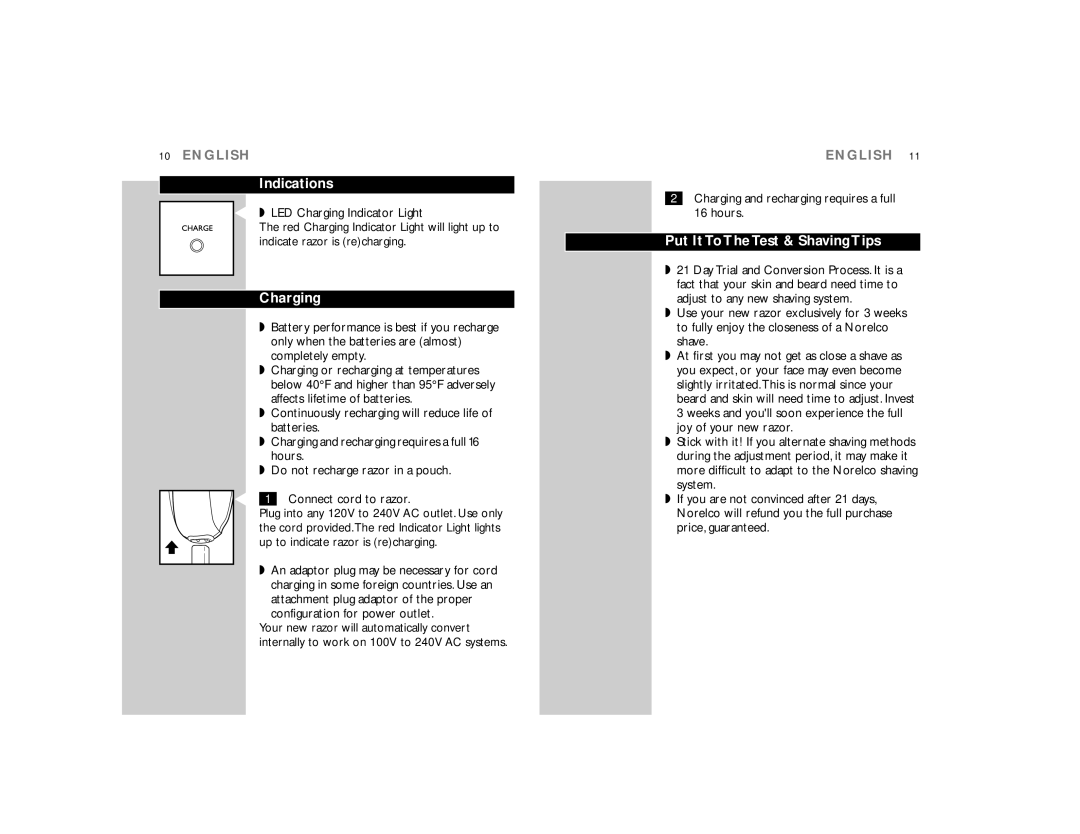 Philips 6618X, 6616X, 6613X, 6615X, 6614X manual Indications, Charging, Put It To The Test & Shaving Tips 