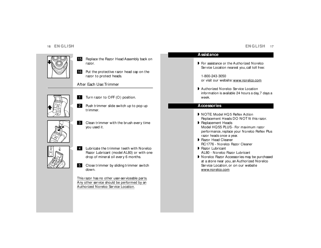 Philips 6614X, 6616X, 6618X, 6613X, 6615X manual After Each UseTrimmer, Assistance, Accessories 