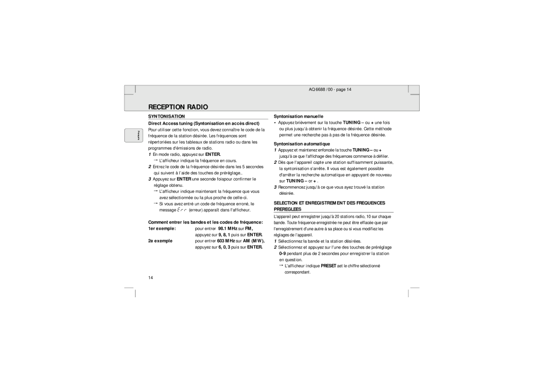 Philips 6688 Syntonisation manuelle, Syntonisation automatique, Selection ET Enregistrement DES Frequences Prereglees 