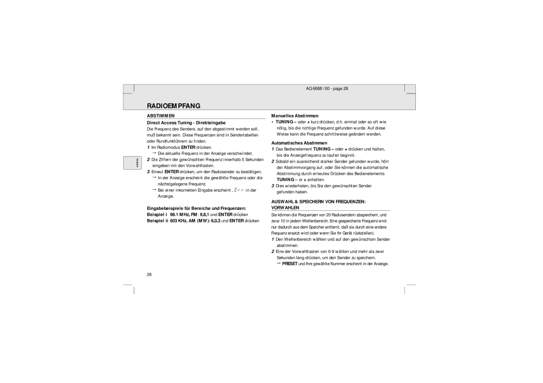 Philips 6688 manual Direct Access Tuning Direkteingabe, Manuelles Abstimmen, Automatisches Abstimmen 