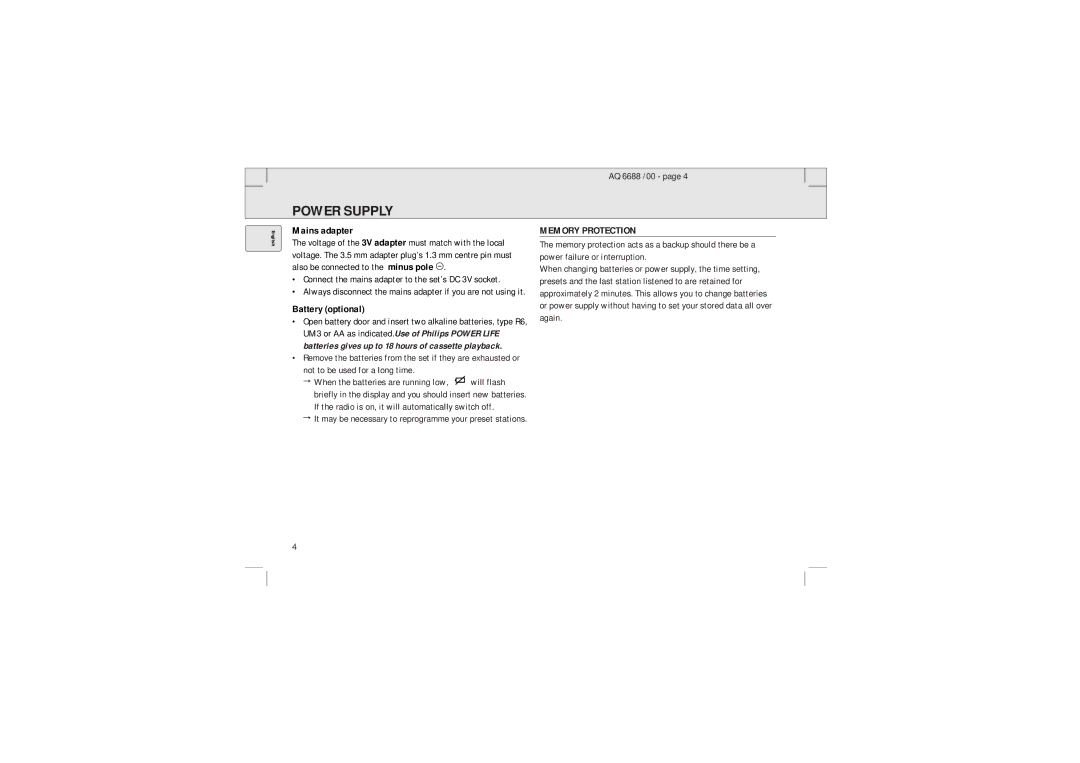 Philips 6688 manual Power Supply, Mains adapter, Battery optional, Memory Protection 