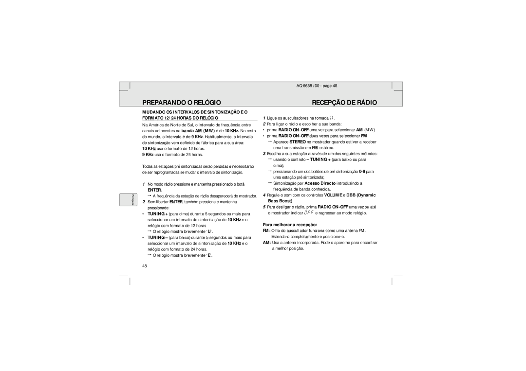 Philips 6688 Preparando O Relógio Recepção DE Rádio, KHz usa o formato de 12 horas KHz usa o formato de 24 horas, Enter 