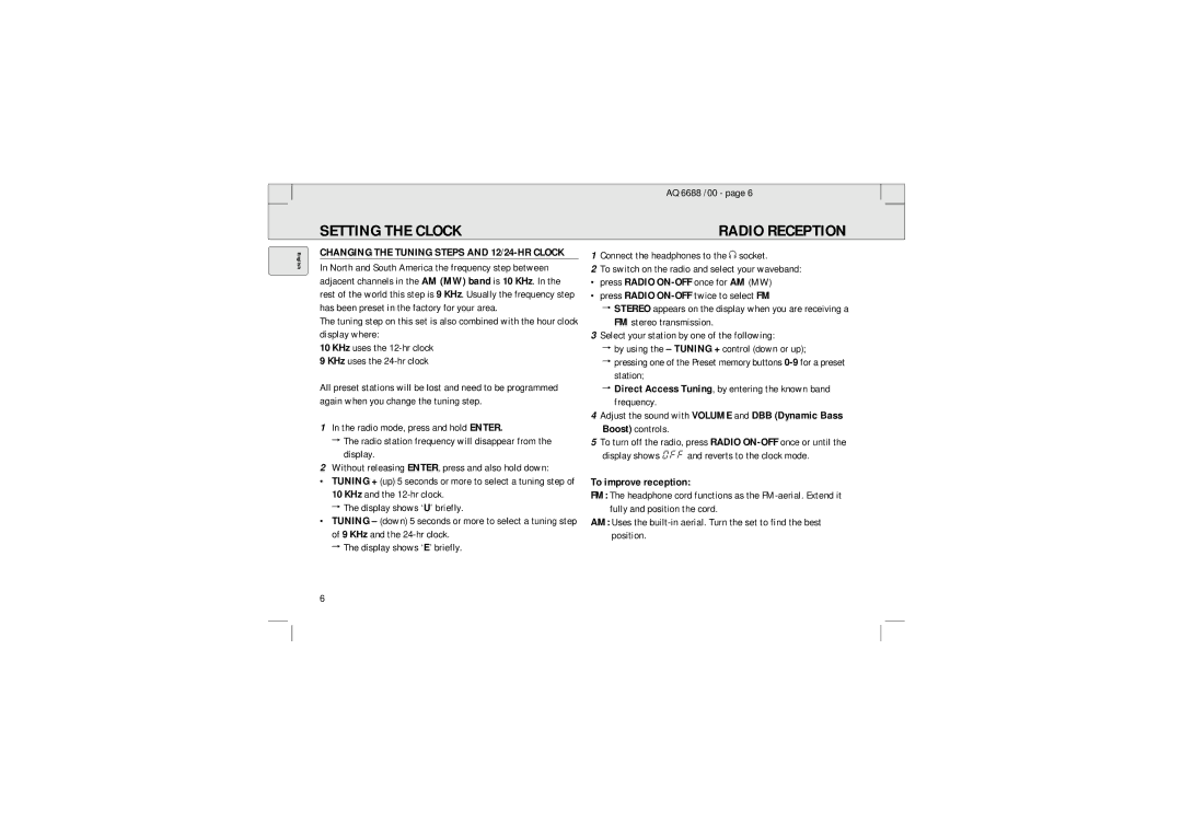 Philips Setting the Clock Radio Reception, AQ 6688 /00, Direct Access Tuning, by entering the known band frequency 