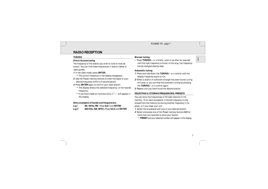 Philips 6688 manual Tuning, Selecting & Storing Frequencies Presets 