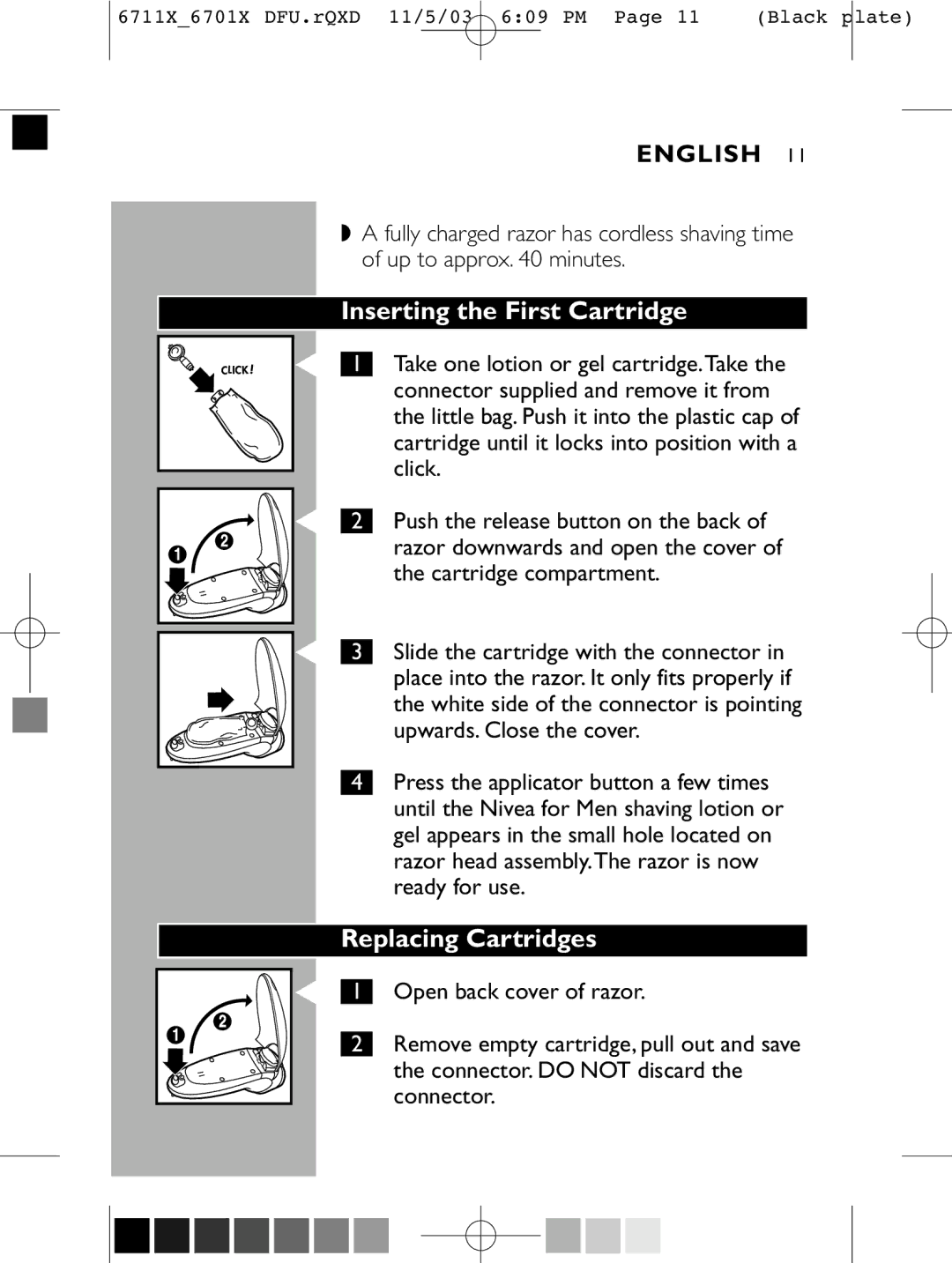 Philips 6711X, 6701X, 6716X manual Inserting the First Cartridge, Replacing Cartridges 