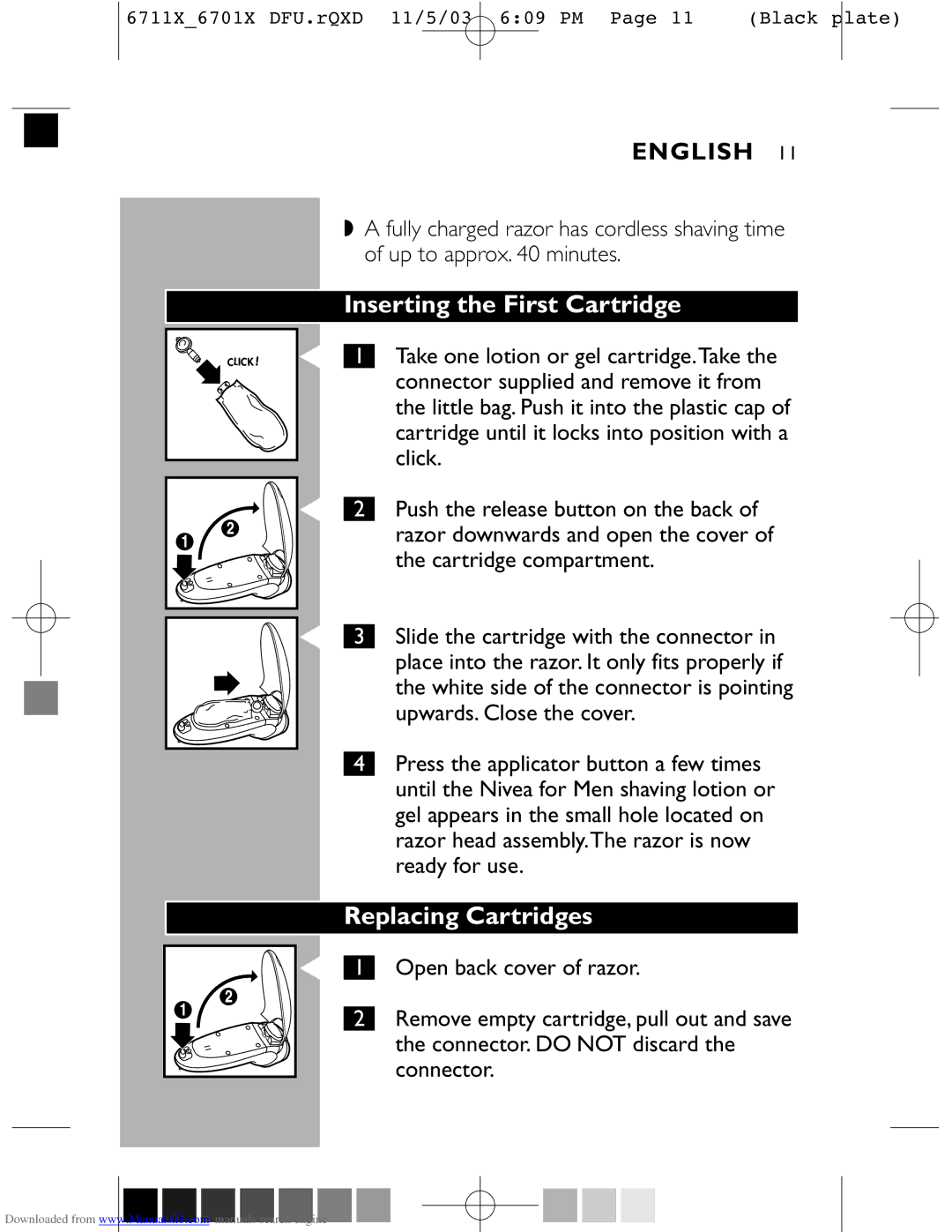 Philips 6701X, 6711X manual Inserting the First Cartridge, Replacing Cartridges 