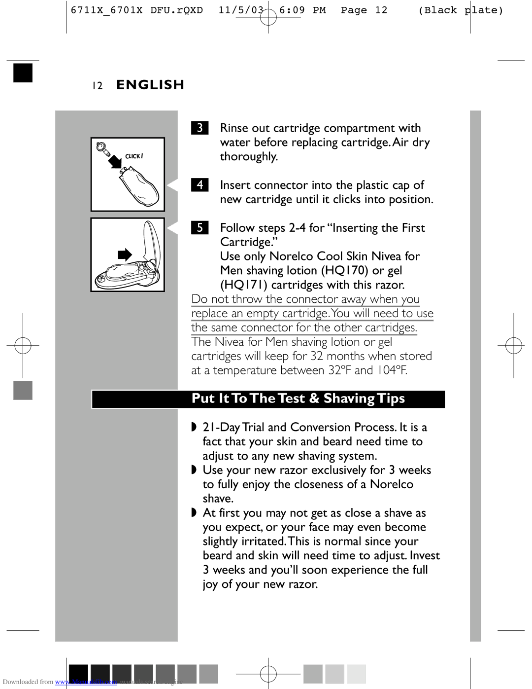 Philips 6711X, 6701X manual Put It To The Test & Shaving Tips, Follow steps 2-4 for Inserting the First Cartridge 