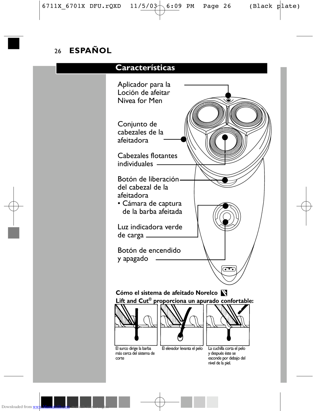 Philips 6711X, 6701X manual Características, Botón de liberación del cabezal de la Afeitadora, Luz indicadora verde de carga 