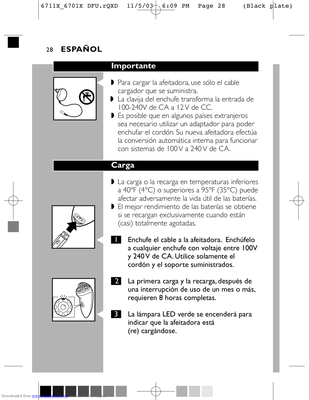 Philips 6711X, 6701X manual Importante, Carga 