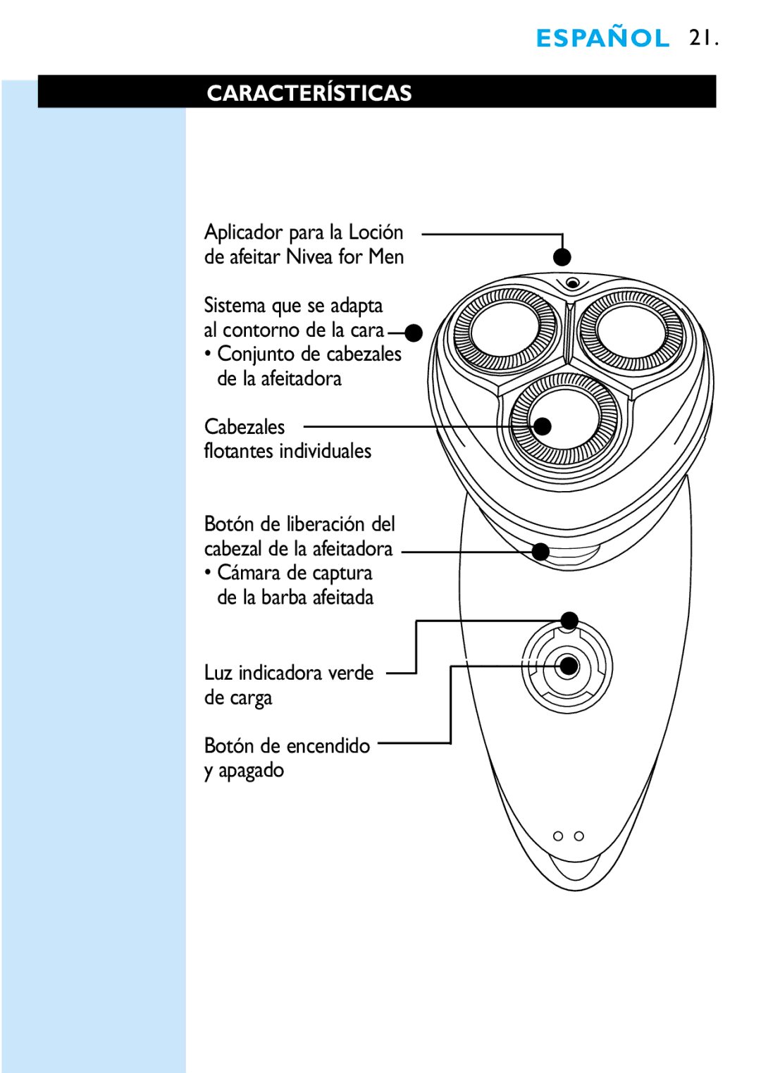 Philips 6709X, 6705X manual Características, Sistema que se adapta Al contorno de la cara, Luz indicadora verde de carga 