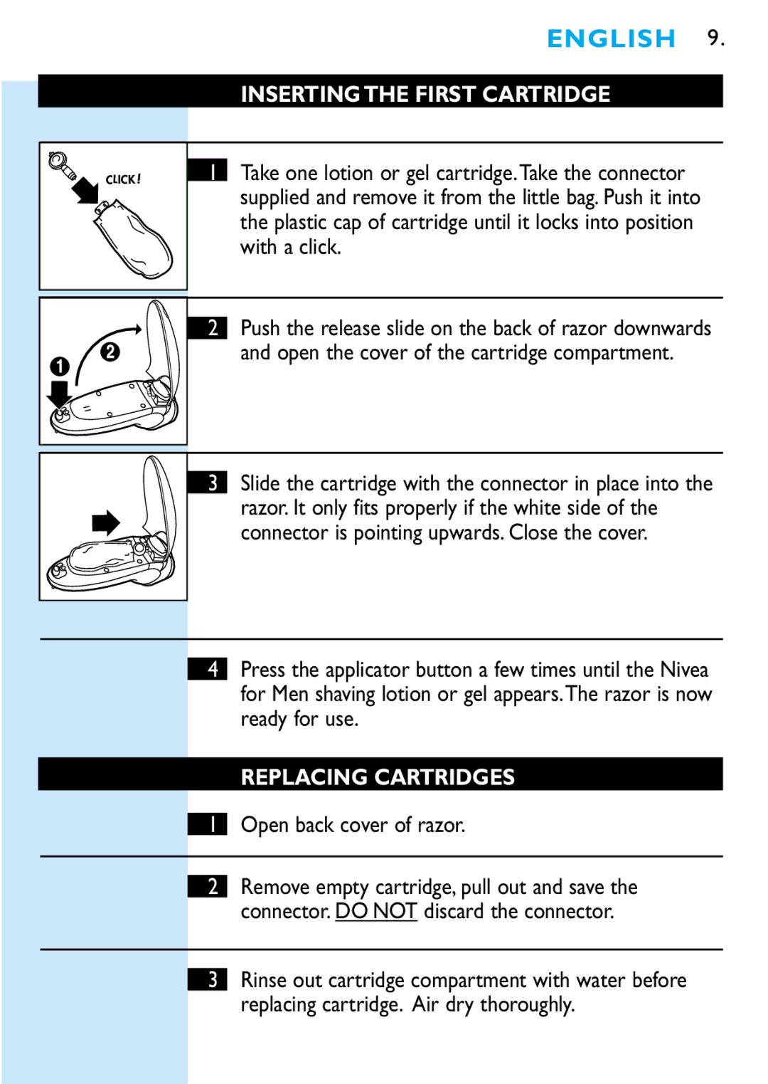 Philips 6709X, 6705X manual Inserting the First Cartridge, Replacing Cartridges, Open back cover of razor 