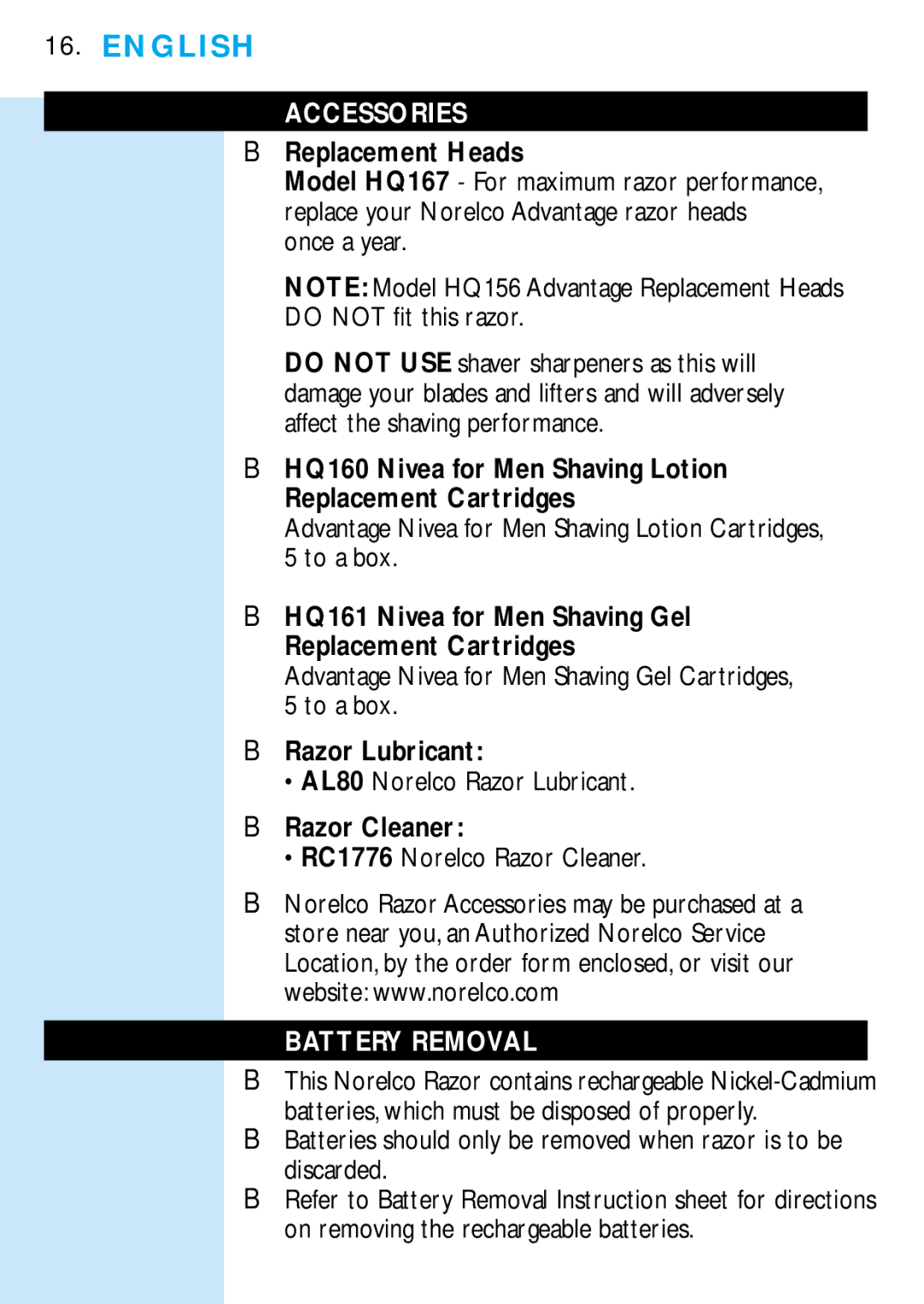 Philips 6706X manual Accessories, Advantage Nivea for Men Shaving Gel Cartridges, 5 to a box, AL80 Norelco Razor Lubricant 