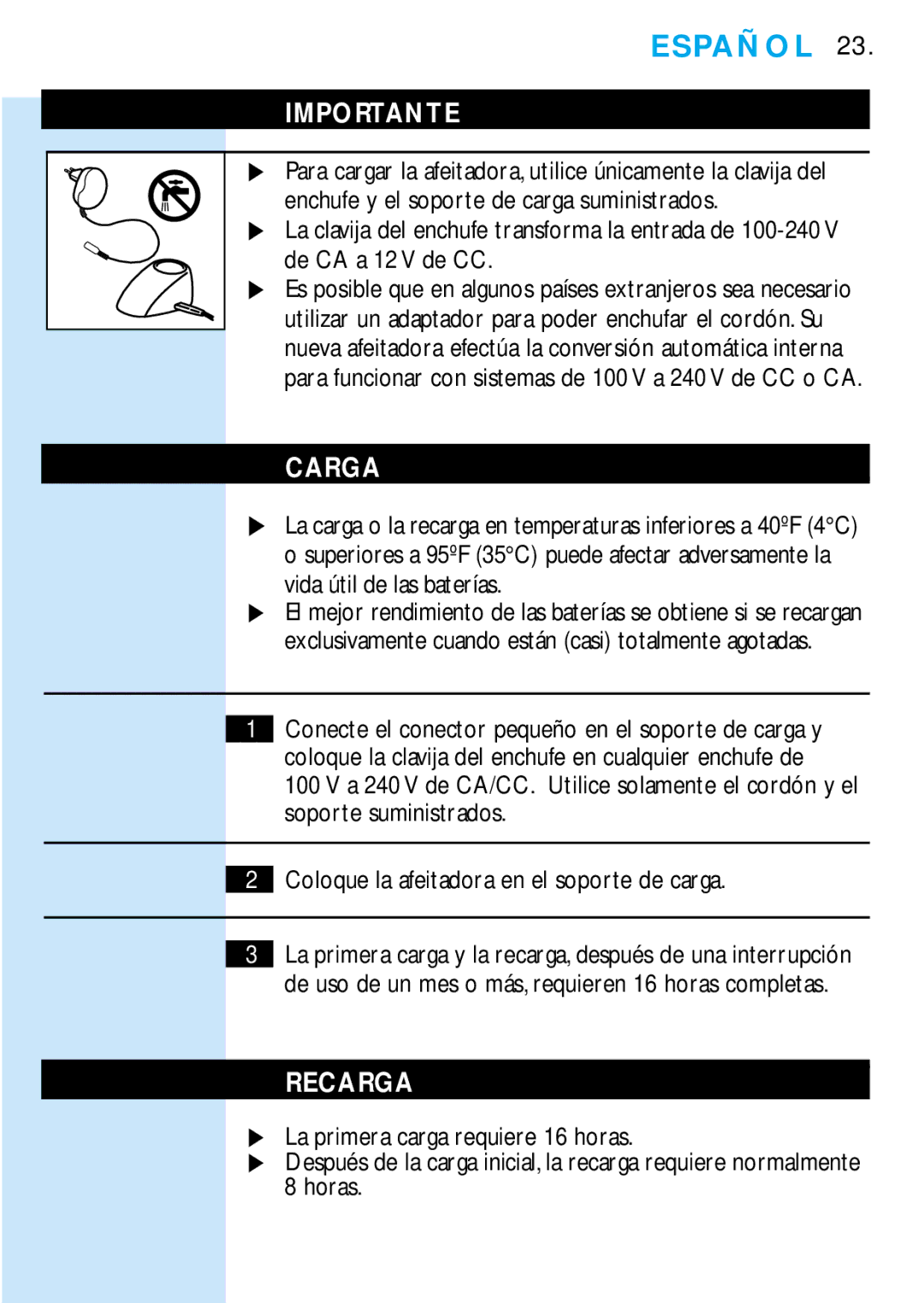 Philips 6706X manual Importante, Carga, Recarga 