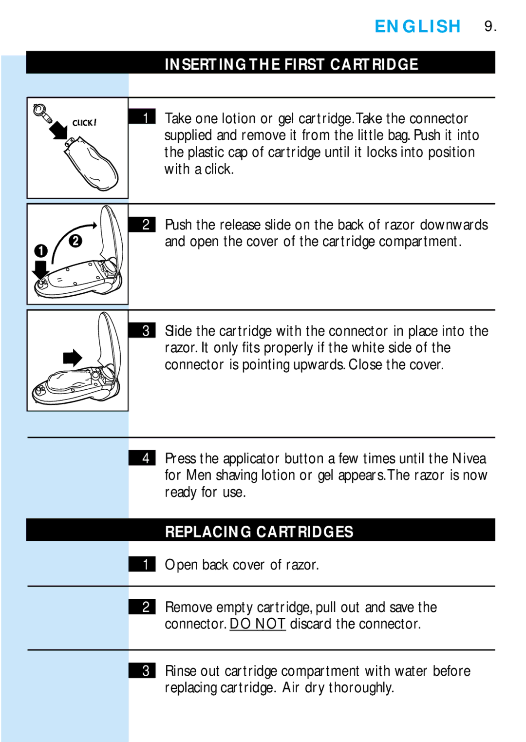 Philips 6706X manual Inserting the First Cartridge, Replacing Cartridges, Open back cover of razor 