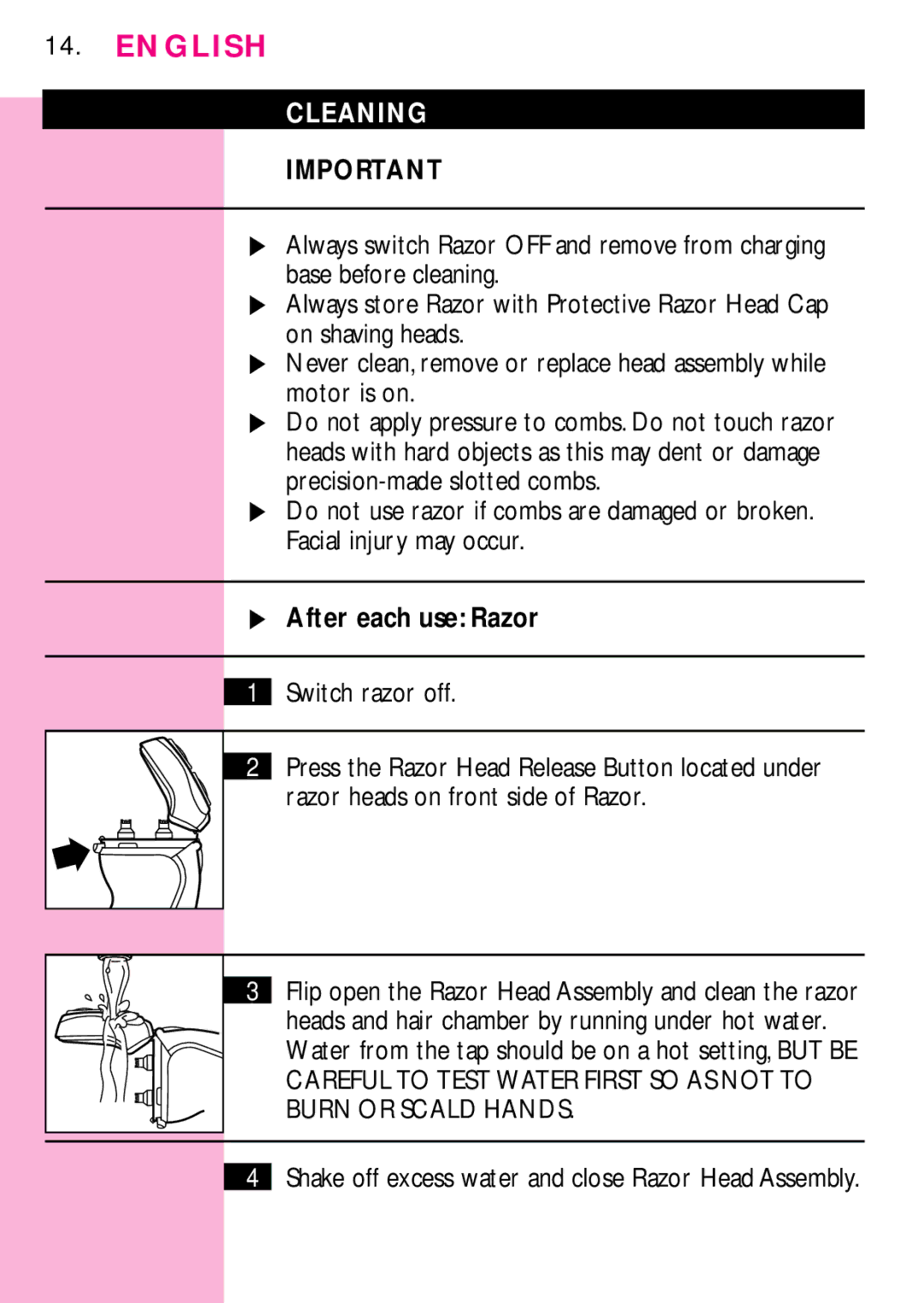 Philips 6757X, 6756X manual Cleaning, Motor is on, After each use Razor, Switch razor off 