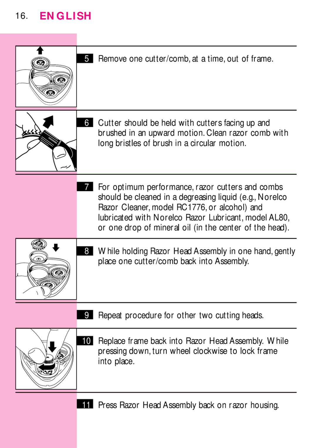 Philips 6757X, 6756X manual Remove one cutter/comb, at a time, out of frame, Repeat procedure for other two cutting heads 