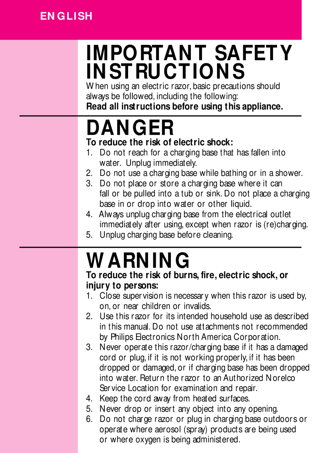 Philips 6757X, 6756X manual Important Safety Instructions, Unplug charging base before cleaning 