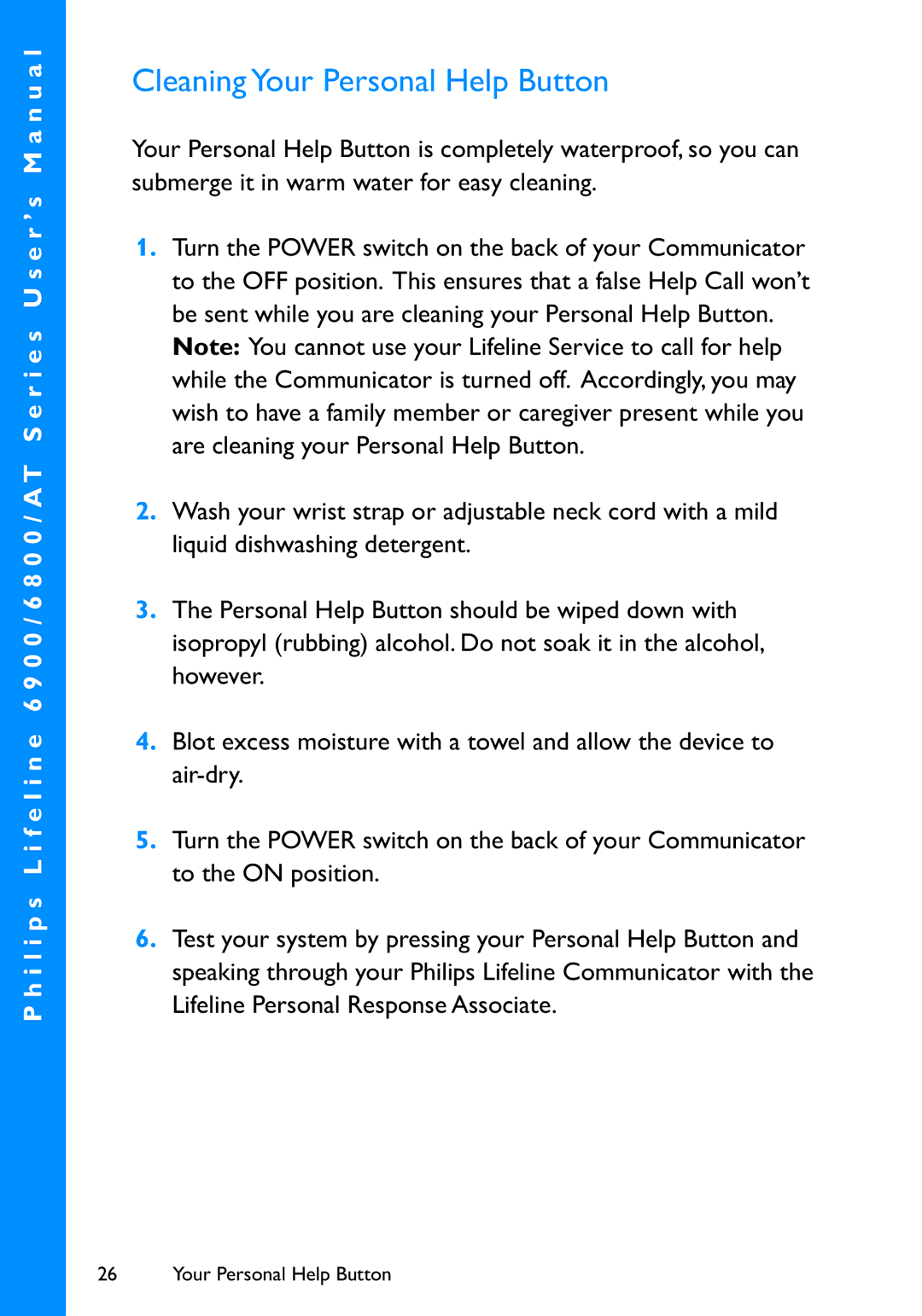 Philips 6800, 6900 user manual Cleaning Your Personal Help Button 