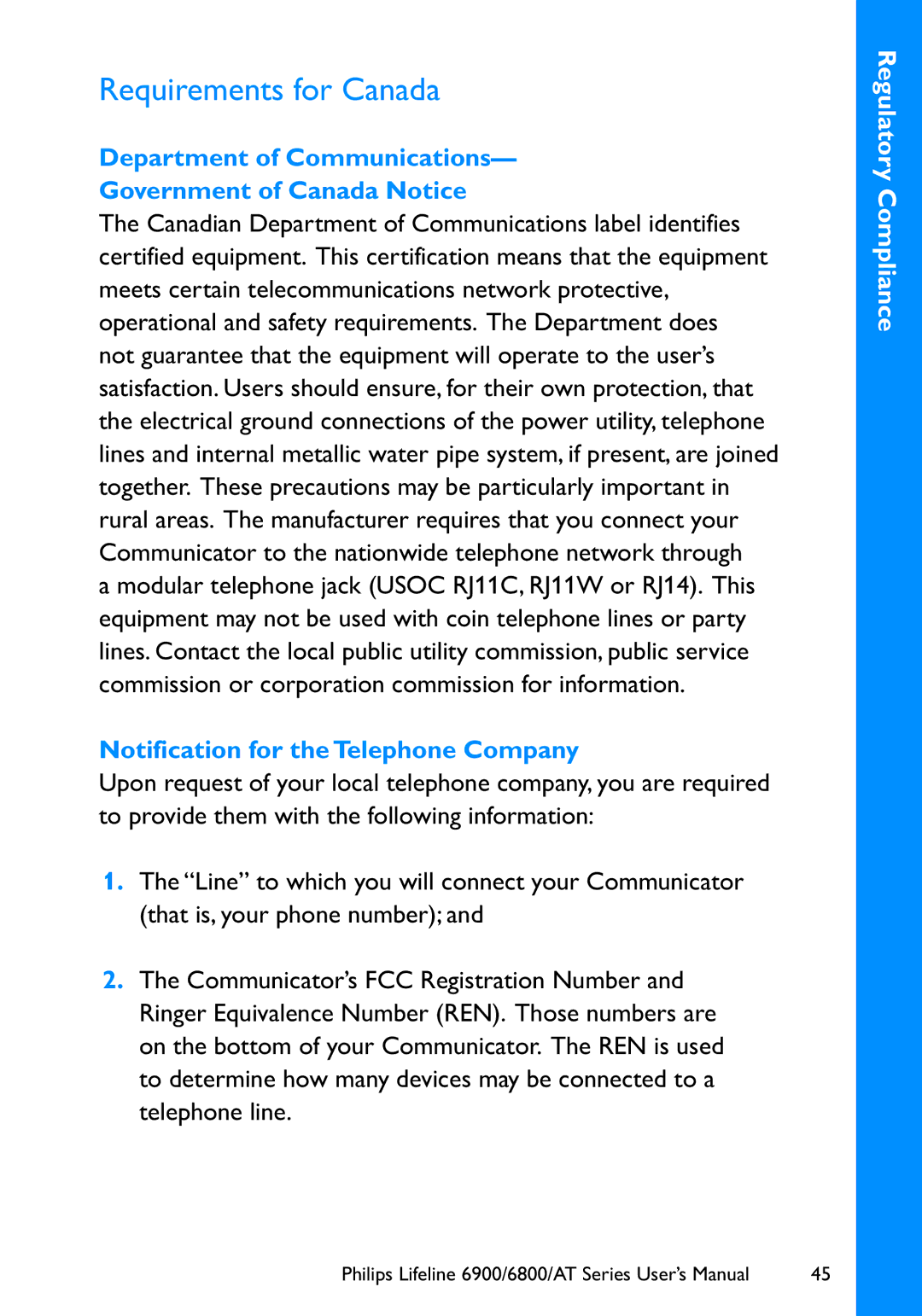 Philips 6900, 6800 user manual Requirements for Canada, Department of Communications Government of Canada Notice 