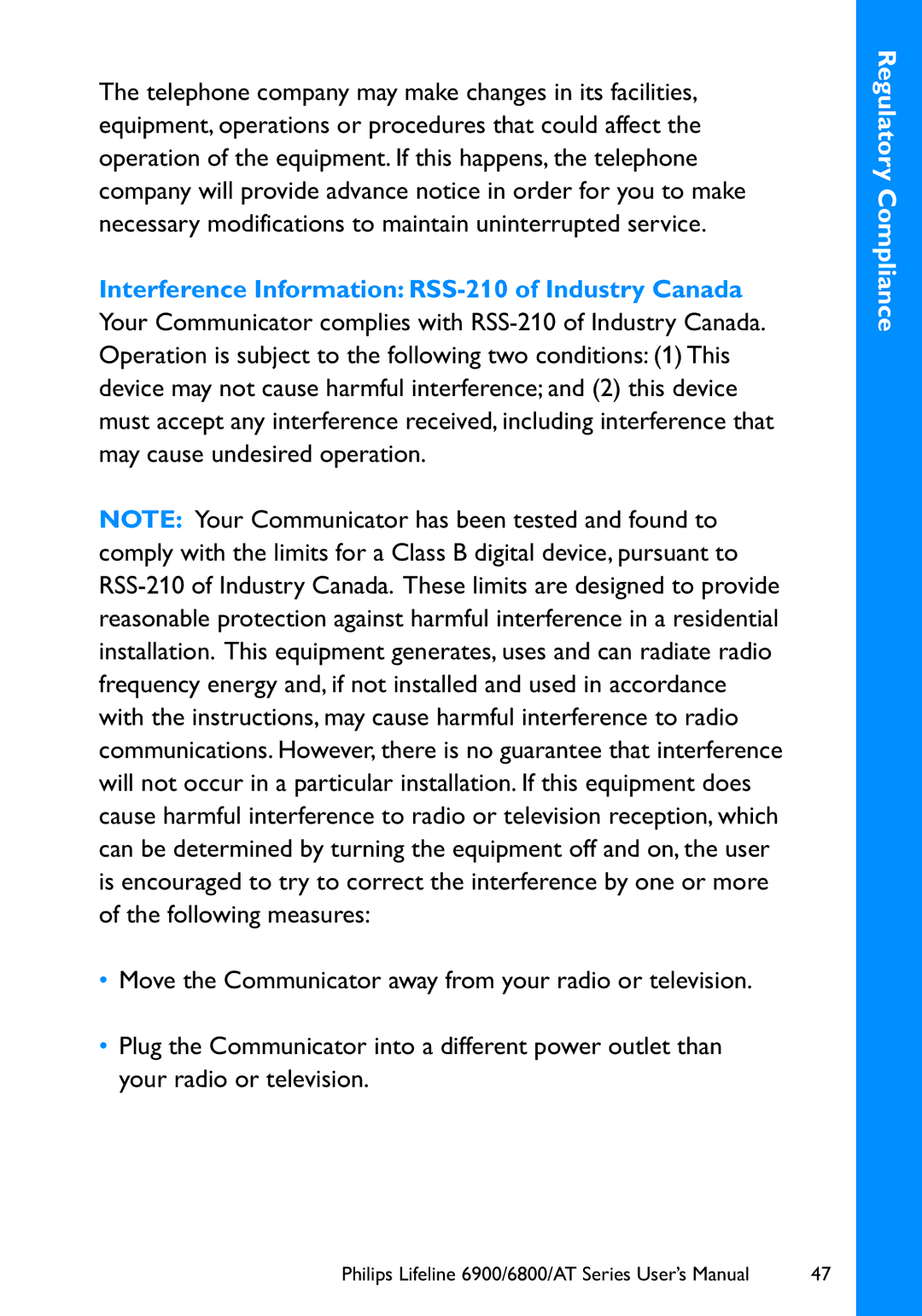 Philips 6900, 6800 user manual Regulatory Compliance 