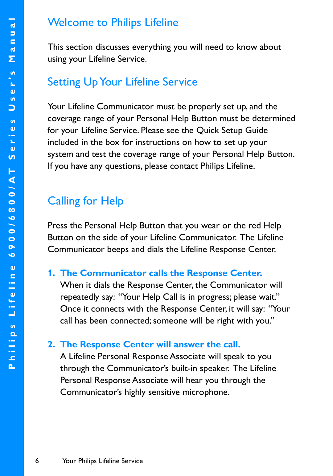 Philips 6800, 6900 user manual Welcome to Philips Lifeline, Setting Up Your Lifeline Service, Calling for Help 