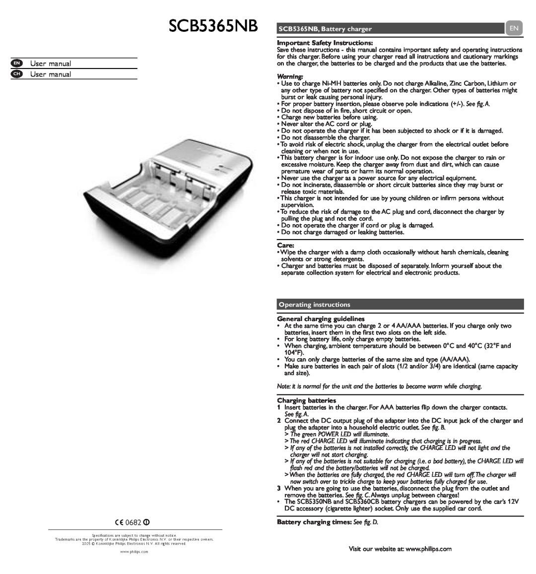 Philips user manual CH User manual 0682, SCB5365NB, Battery charger, Important Safety Instructions, Care 