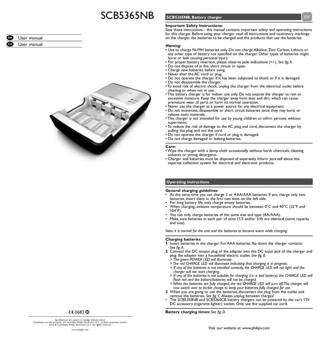 Philips user manual 0682, SCB5365NB, Battery charger, Operating instructions 