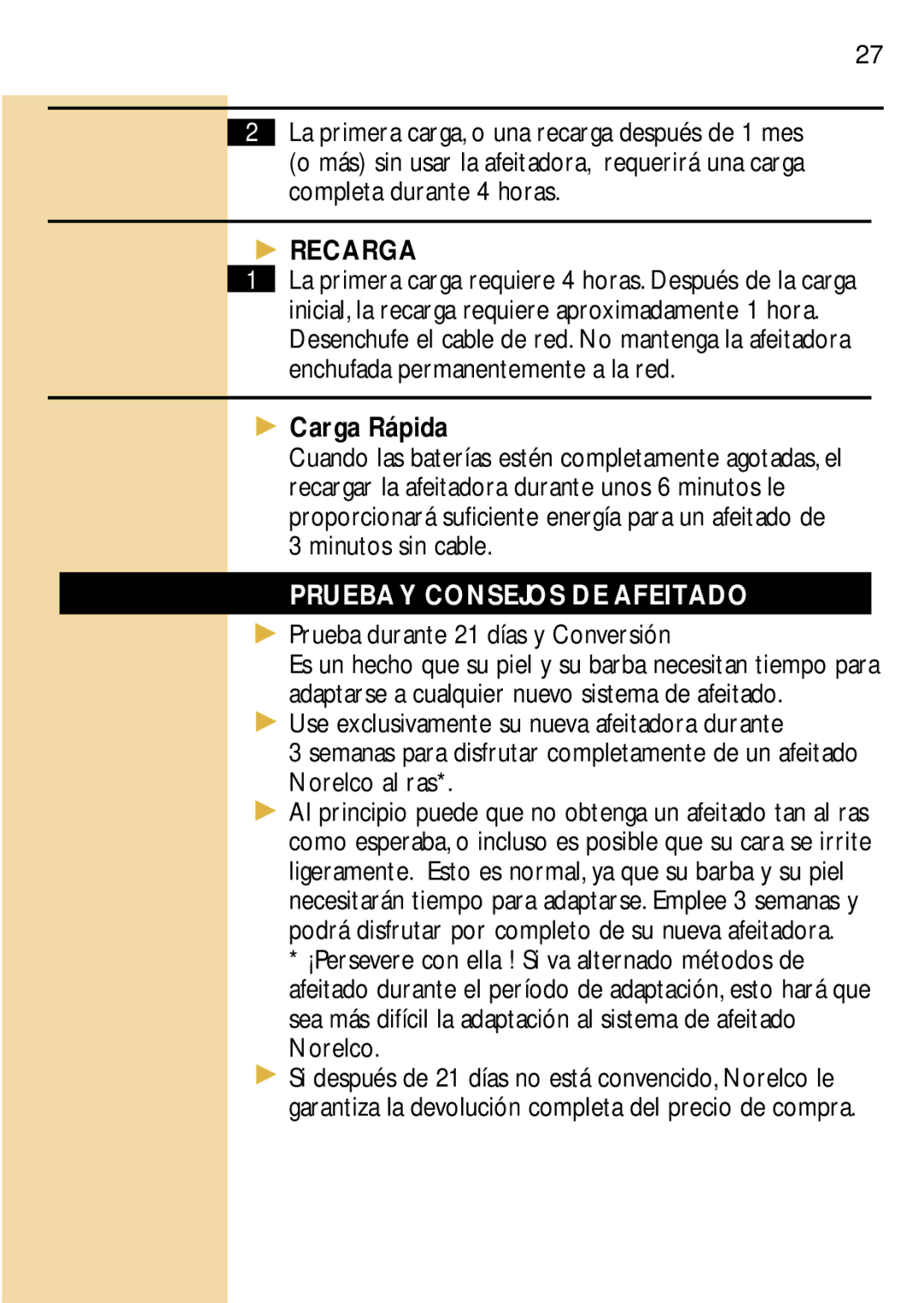Philips 6829, 6826XL, 6828 manual Carga Rápida, Prueba Y Consejos DE Afeitado, Prueba durante 21 días y Conversión 
