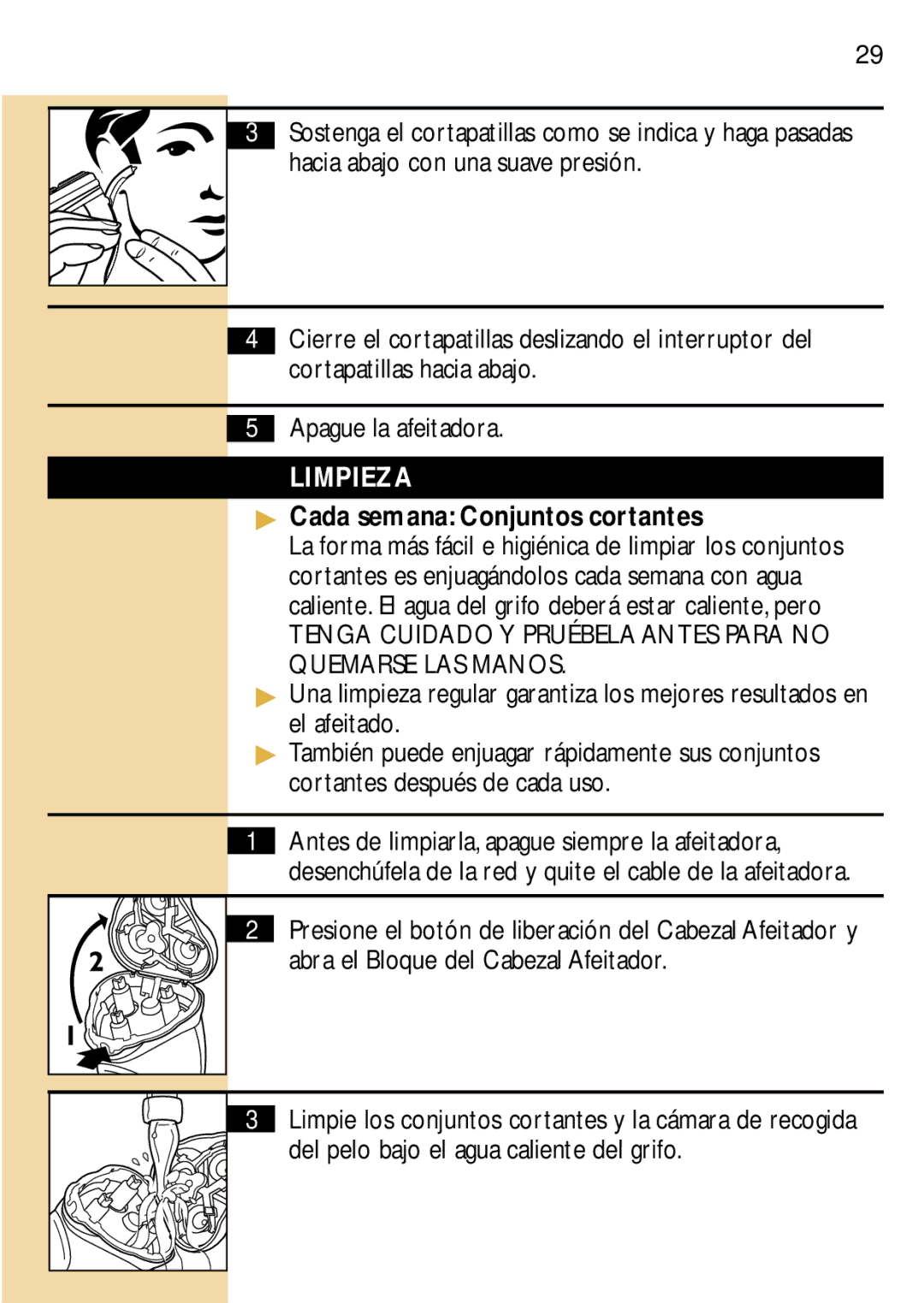 Philips 6828, 6829, 6826XL manual Limpieza, Cada semana Conjuntos cortantes 