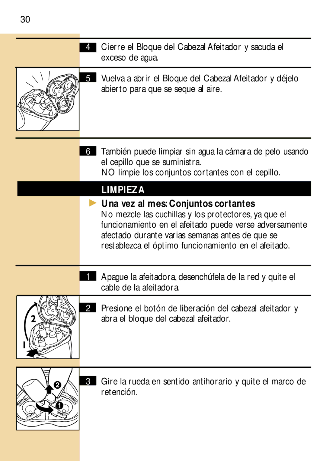 Philips 6829, 6826XL, 6828 manual Una vez al mes Conjuntos cortantes 