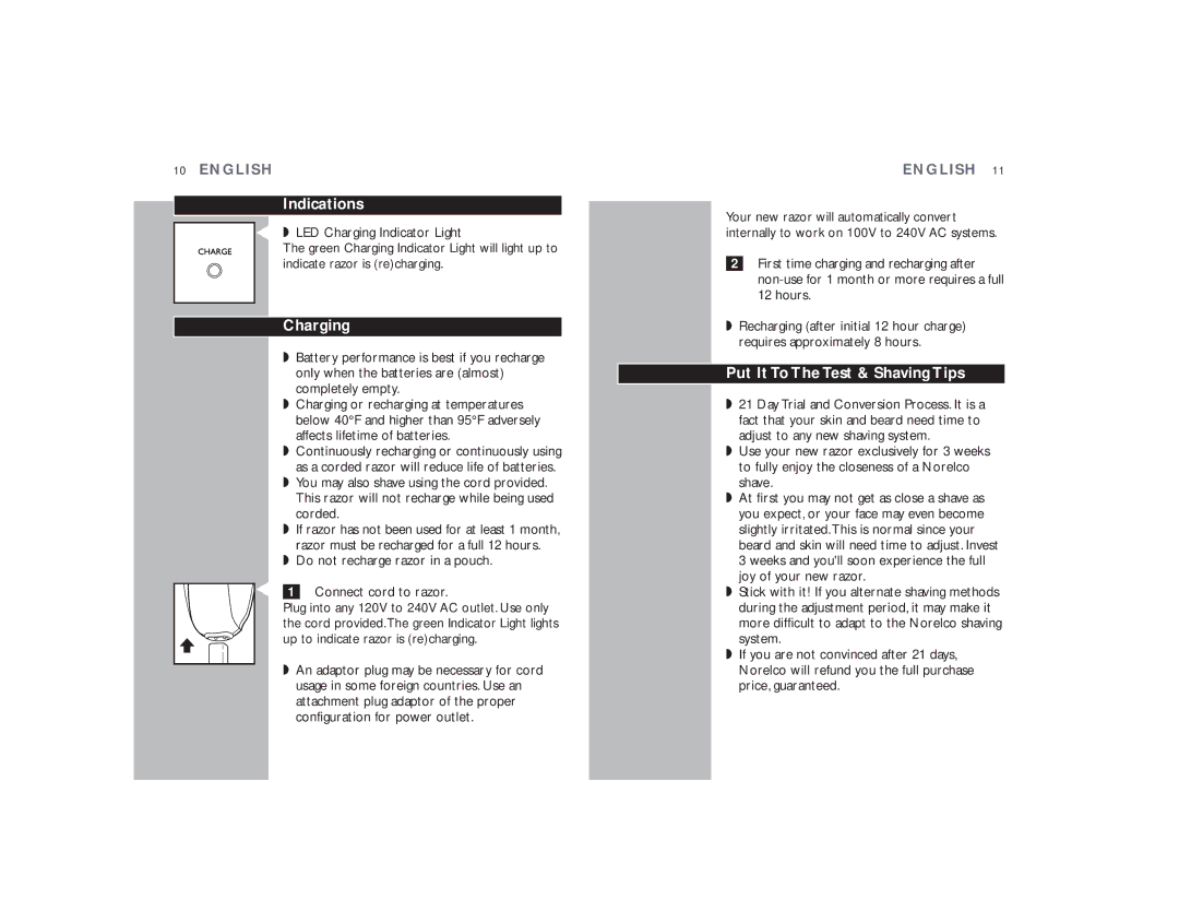 Philips 6843XL manual Indications, Charging, Put It To The Test & Shaving Tips 