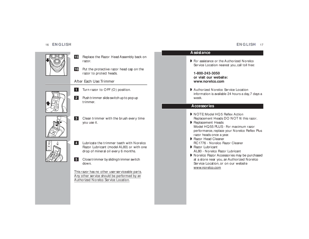 Philips 6843XL manual After Each UseTrimmer, Assistance, Accessories 