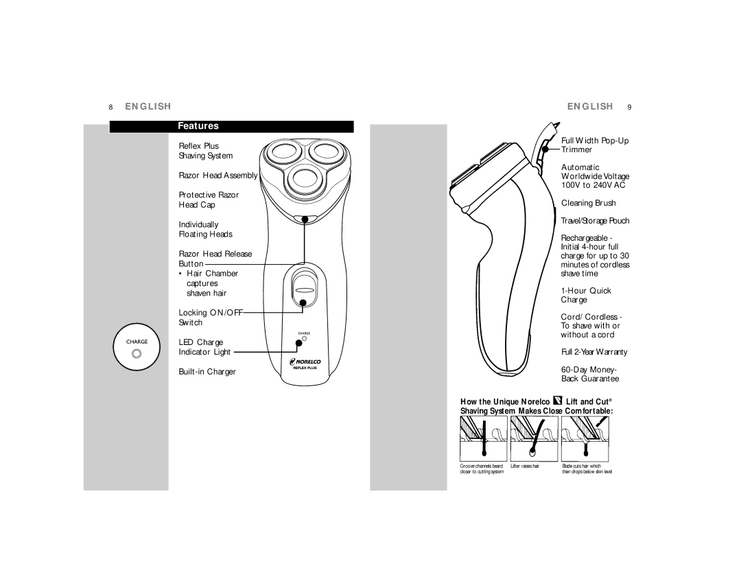Philips 6844XL manual Features, Full Width Pop-Up Trimmer, Cleaning Brush Travel/Storage Pouch, Hour Quick Charge 